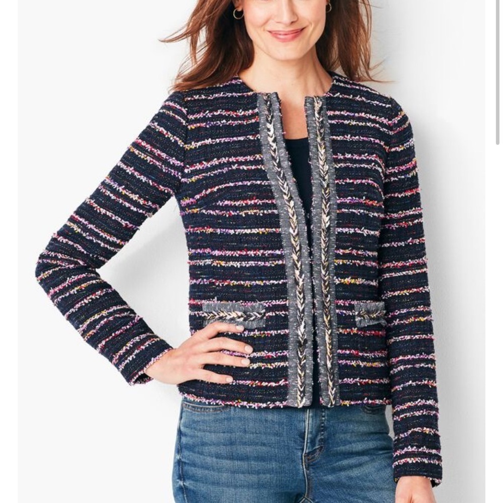 Talbots FRINGE TWEED JACKET navy blue pink blazer coat pockets